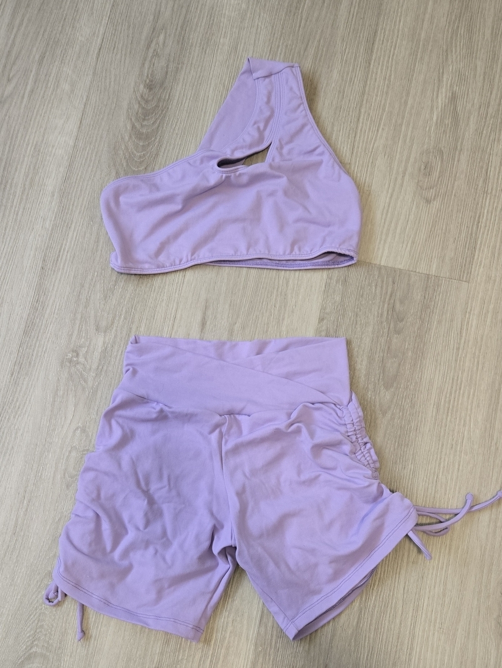 Lilac One-Shoulder Sports Bra & High-Waist Drawstring Shorts Set - Picture 1 of 7